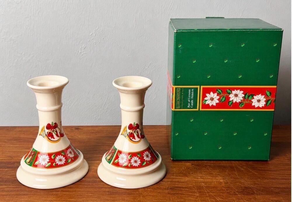 Vintage JCPenney Christmas Candle Holders, Poinsettia Bells Ceramic with box